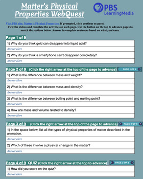 Preview of Physical Properties of Matter - WebQuest - Boiling|Melting|Density|Matter|Mass