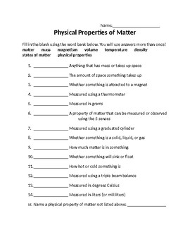 physical properties of matter worksheet by mrs r 4th tpt