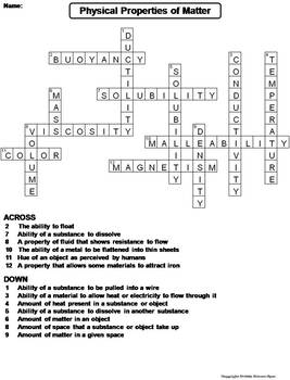 physical properties of matter worksheet crossword puzzle by science spot