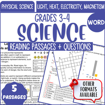 Preview of Physical Science Comprehension Word Document Light Heat Electricity Magnetism