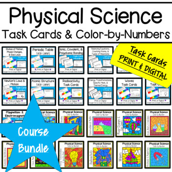 Preview of Physical Science Task Cards & Color By Number course BUNDLE