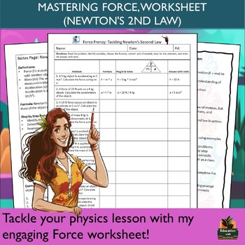 Preview of Physical Science Force Problems Worksheet with Lesson Plan, Notes Page & More!
