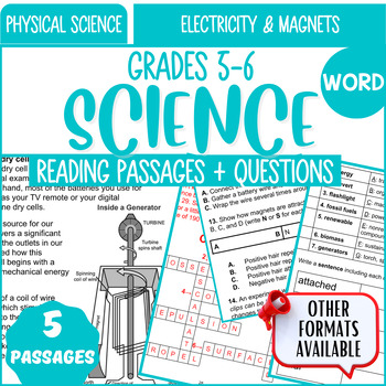 Preview of Physical Science Reading Comprehension Electricity and Magnets Word Document