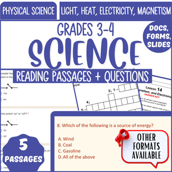 Preview of Physical Science Reading Comprehension Light Heat Electricity Magnetism