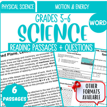 Preview of Physical Science Reading Comprehension Motion and Energy Word Document Grade 5-6