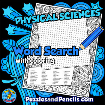 Preview of Physical Sciences Word Search Puzzle Activity Page with Coloring