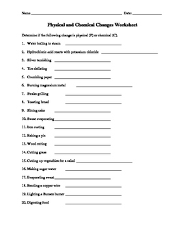 Preview of Physical and Chemical Change Worksheet