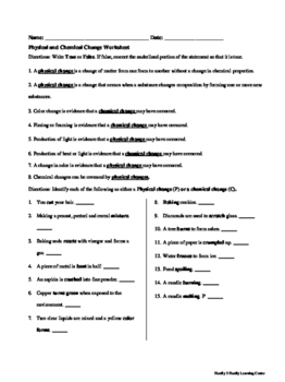 Preview of Physical and Chemical Change Worksheet