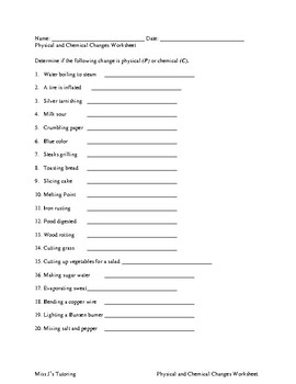 Physical and Chemical Change Worksheet by Miss J's Tutoring | TpT