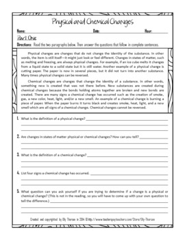 Physical and Chemical Changes Worksheet by Elly Thorsen | TpT
