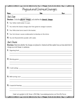 Physical and Chemical Changes Worksheet by Elly Thorsen | TpT