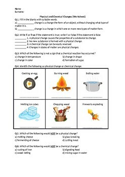 Physical and Chemical Changes - Worksheet | Distance Learning | TpT