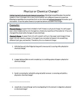 Physical and Chemical Changes Worksheet by Katie's Krazy Science