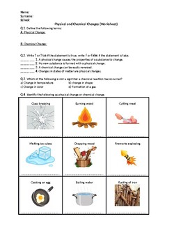 Preview of Physical and Chemical Changes - Worksheet (Printables)