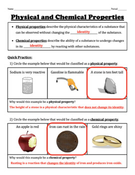 Preview of Physical and Chemical Changes and Properties -- Notes and Practice Worksheets