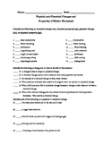 Physical and Chemical Changes and Properties of Matter Worksheet