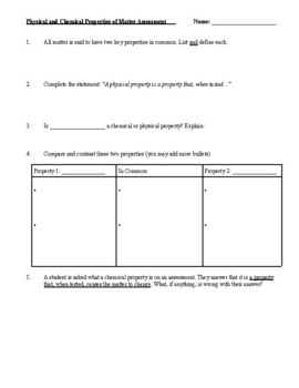 Preview of Physical and Chemical Properties/Changes Assessment, Key, and Scoring Rubric