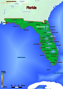 Preview of Physical map of Florida with mountains, plains, bridges, rivers, lakes, mountain