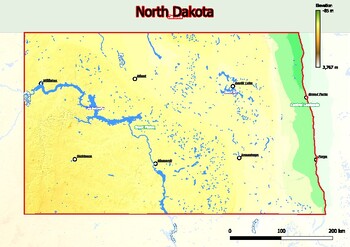 Preview of Physical map of North Dakota with mountains, plains, bridges, rivers, lakes,