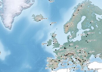 Preview of Physical map of the continent of Europe with  the highest mountain peaks