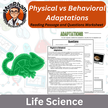 Preview of Physical vs Behavioral Adaptations Reading Passage and Questions Worksheet