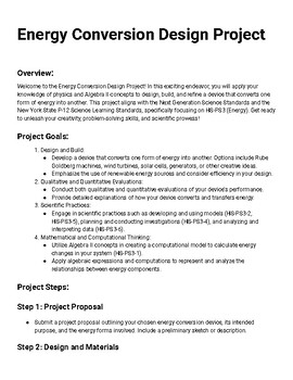 Preview of Physics Algebra 2 Project Plan Energy Conversion New Design Tech PBL HS-PS3