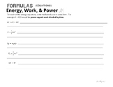 Physics Formula Worksheet for Energy, Work, & Power