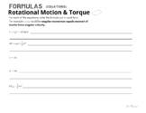 Physics Formula Worksheet for Rotational Motion & Torque