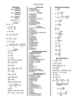 high school physics formula sheet