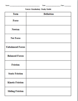 Preview of Physics Friction, Forces, and Newton's Laws Vocabulary Study Guide