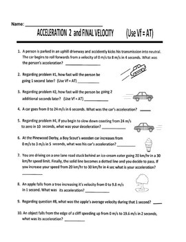 Preview of Acceleration Worksheet 2 and Final Velocity (Vf = Vi + AT) - Remote Interactive