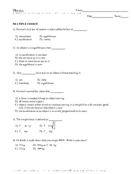 Preview of Physics - Newton's Laws of Motion - Quiz or Worksheet