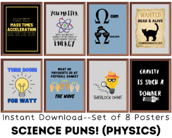 Preview of Physics Puns Posters (set of 8), Science Classroom Decor, Funny Science Jokes