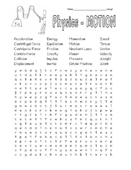 Preview of Physics Terms of Motion - Basic Wordsearch, KEY, Newton Quote Zentangle to Color