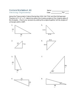 Preview of Physics Unit 4 - Vectors Worksheet #2 (Practicing Trigonometry)