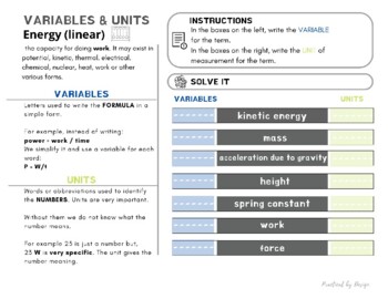 Preview of Physics Variables & Units Handout for Energy, Work, & Power