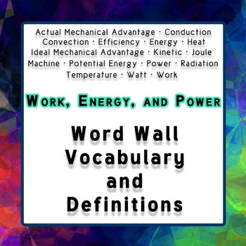Preview of Physics Word Wall Vocabulary w/Definitions for Energy, Work, and Power