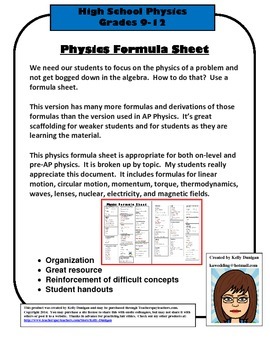 Physics formula sheet – pre-ap