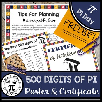 Preview of Pi Day 500 Digits of Pi Memorization Poster, Pi Day Activity Tips & Certificate