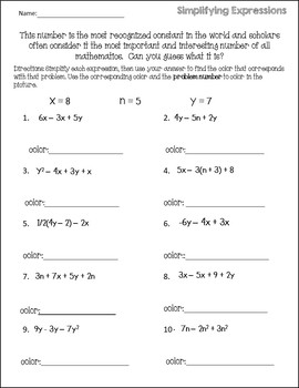 pi day activities for middle school simplifying expressions worksheet