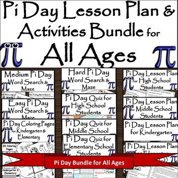 Preview of Pi Day Bundle for All Ages: Lesson Plan, Puzzles, Coloring & Quiz for March 14th