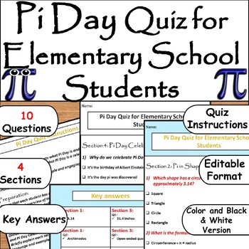 Preview of Pi Day Elementary School Quiz: March 14th Adventure with Instructions & Answers