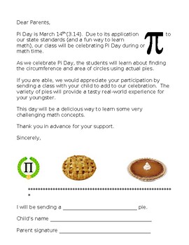 Preview of Pi Day Letter to Parents