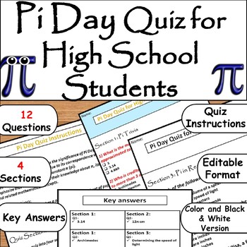 Preview of Pi Day March 14th Quiz Worksheet & Instructions with Answers for High School