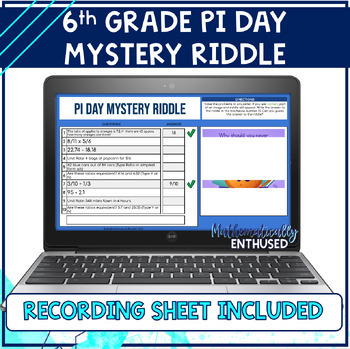 Preview of Pi Day Mystery Riddle Self-Checking Activity 6th Grade Test Prep Mixed Review