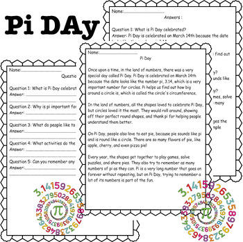 Preview of Pi Day Reading Comprehension Questions & Answers, Marth 14th