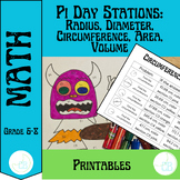 Pi Day Stations: Radius, Diameter, Circumference, Area, Volume