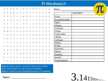 Preview of Pi Wordsearch Sheet Math Mathematics Number Theory Starter Activity Keywords