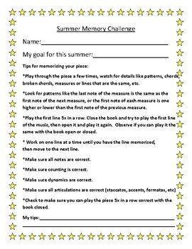 Piano Teacher Lesson Summer Memory Challenge Worksheet Form | TpT