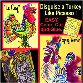 Preview of Easy Picasso Turkey Cut and Glue Fall Craft. Adorable Thanksgiving Art Activity